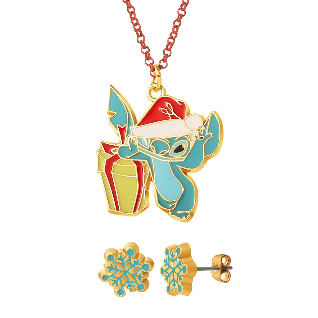 Disney Stitch Christmas Necklace + Earrings Official License 16+3 Stitch Necklace and Snowflake Stud Earrings