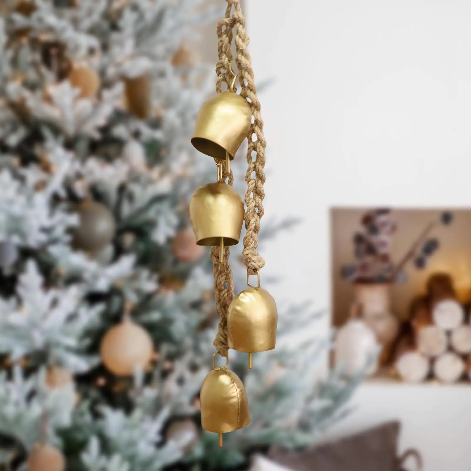Christmas Bells Vintage Hanging Decorative: Gold Bells Decor with Jute Hanging Rope - Metal Cow Bells Christmas Decor for Christmas Wreath Garland Tree Wedding Party Door Staircase Railings