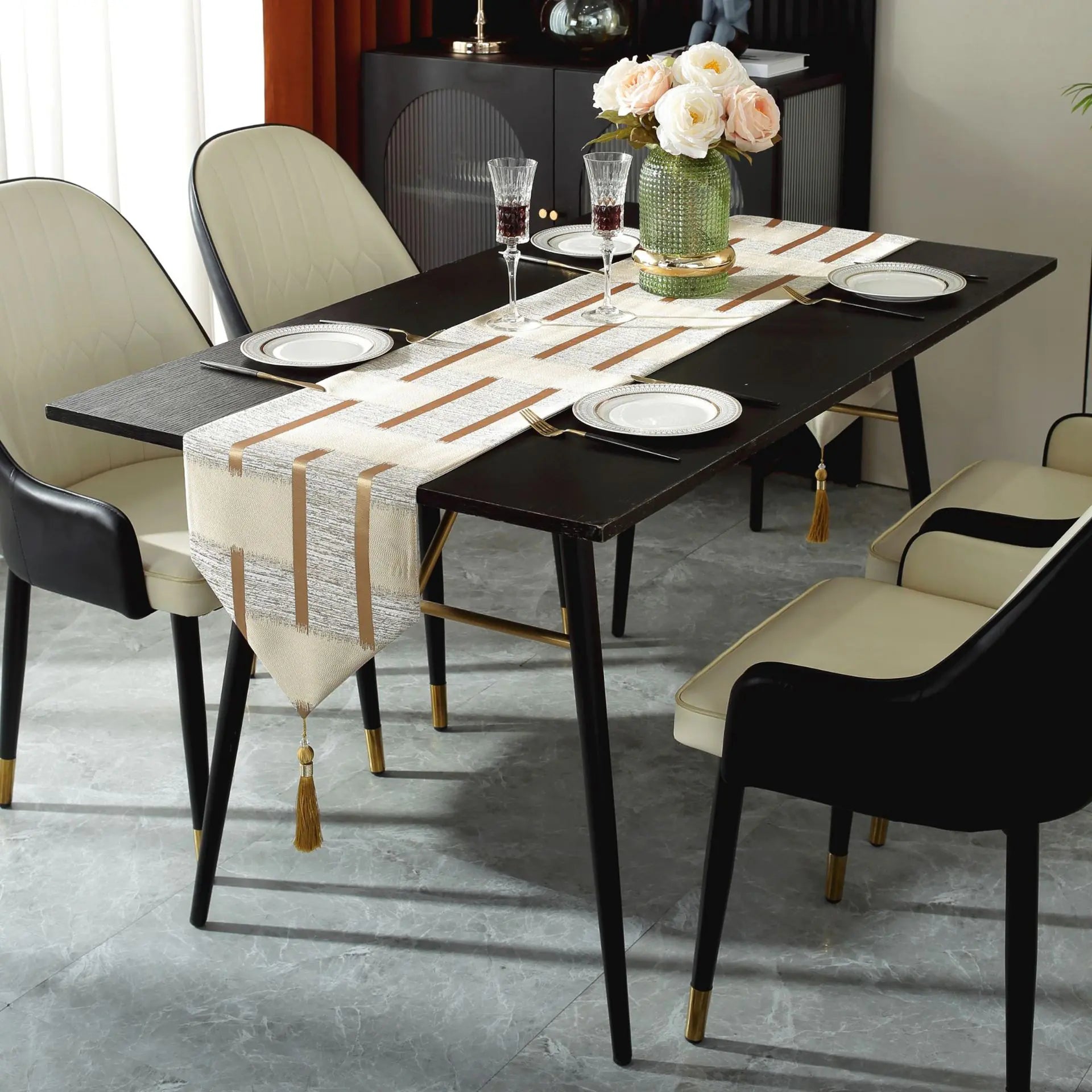 Beige Table Runner with Gold Edging for Christmas Decor