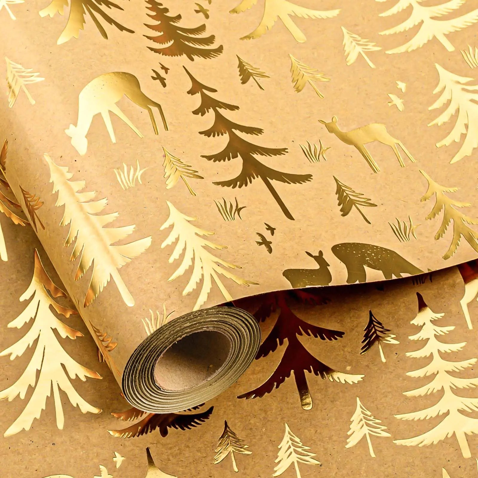MIMUTI Christmas Wrapping Paper Rolls - Thick Kraft Holiday Wrapping Paper with Gold Foil Reindeer & Christmas Tree Design Eco-Friendly Recyclable Wrapping Paper 17in x 33ft for Gifts