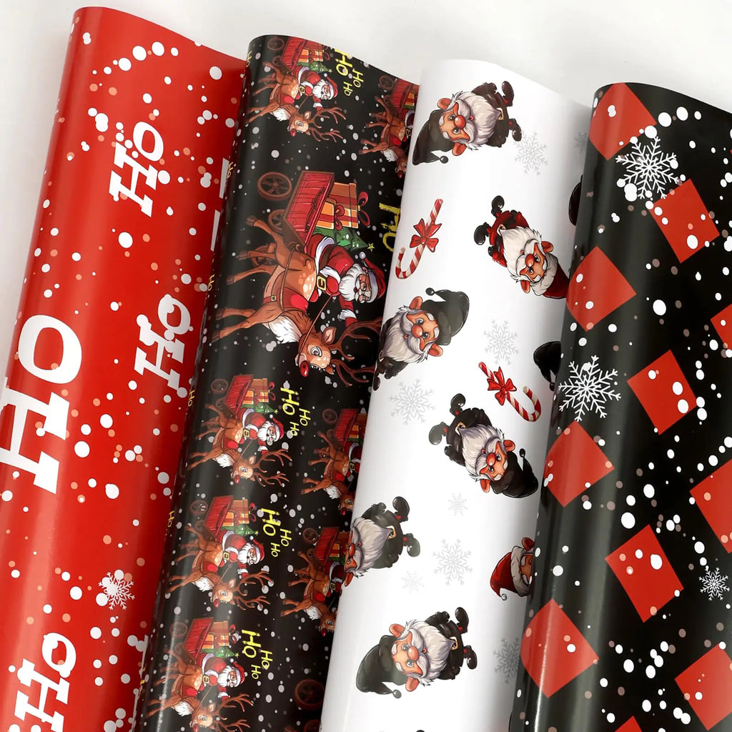 YOGINGO Christmas Wrapping Paper for Kids & Adults - Xmas Paper with Red/Black Plaid Santa Reindeer Gnome and Ho Ho Designs - 12 Sheets 20"x 28" Christmas Gift Wrapping Paper