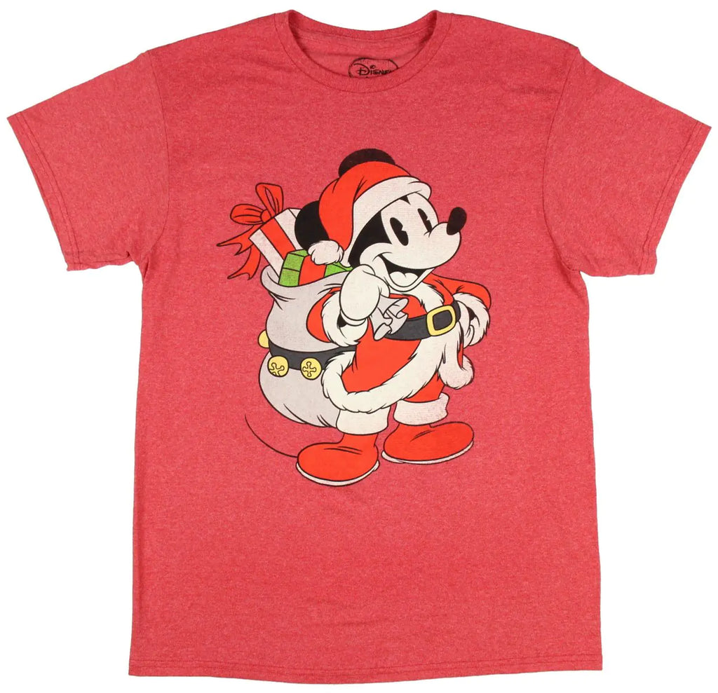 Disney Mens Christmas Mickey Mouse Santa Graphic T-Shirt Red Heather X-Large