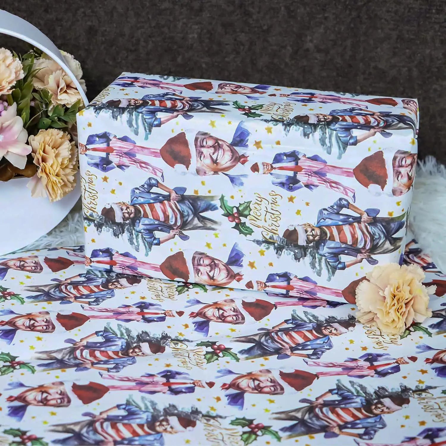 Lucky Radish Funny Trump Christmas Wrapping Paper Trump Wrapping Paper President Gift Wrap for Christmas 27.5”x35.4” (White)