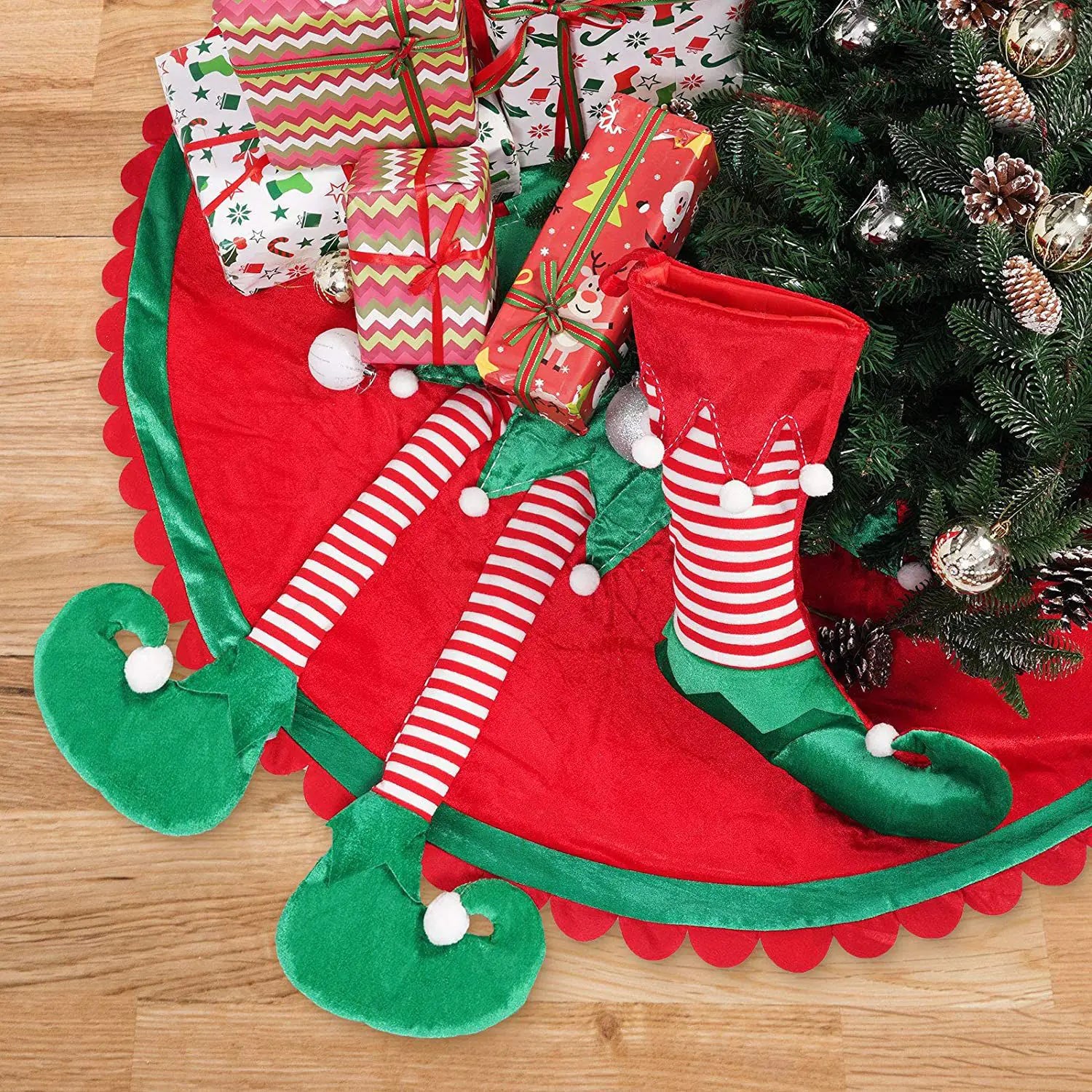 Cute Red Elf Leg Tree Skirt for Christmas Decor
