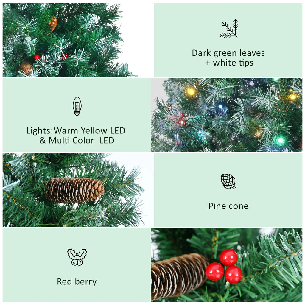 6 Feet Dark Green Pine Christmas Tree, Pre-Installed Lighting Set With Tree, Garland & Garland, Hinged Artificial Christmas Tree,